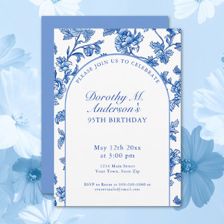 Elegant Blue and White 95. Geburtstagsparty Einladung