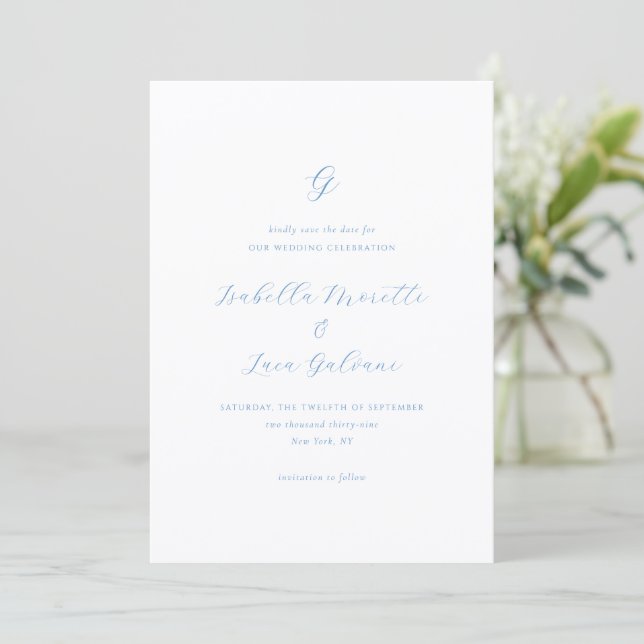 Elegant Blue and White Coastal Chic Wedding Save The Date (Stehend Vorderseite)