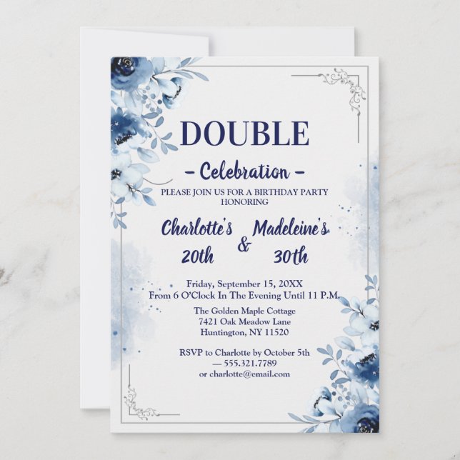Elegant Blue and White Floral Joint Birthday Einladung (Vorderseite)