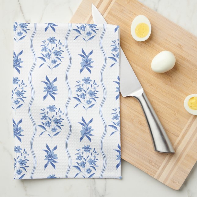 Elegant Blue and White Floral Kitchen Towel Geschirrtuch (Viertel Falte)