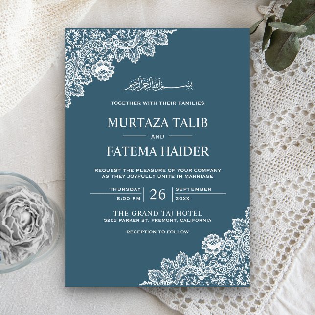 Elegant Blue and White Lace Muslim Wedding Einladung (Von Creator hochgeladen)