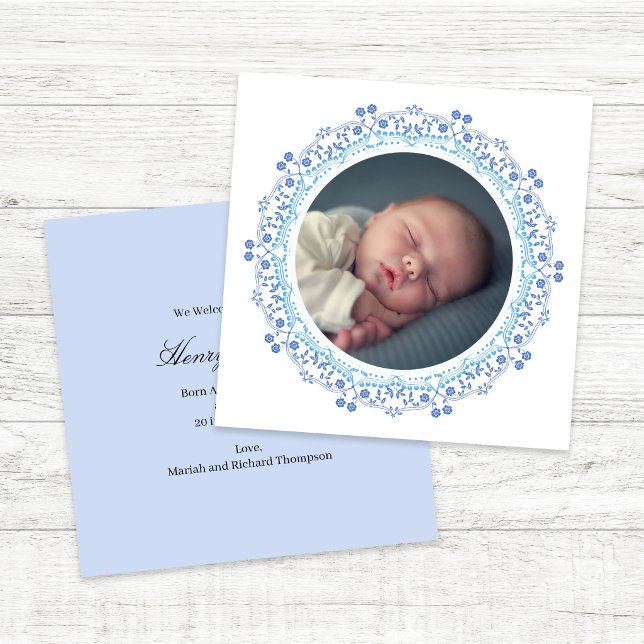 Elegant Blue Baby Announcement Photo Minimalist (Elegant blue baby announcement with minimalist typography and birth details layout)
