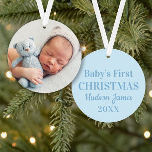 Elegant Blue Baby Boy First Christmas Foto Ornament