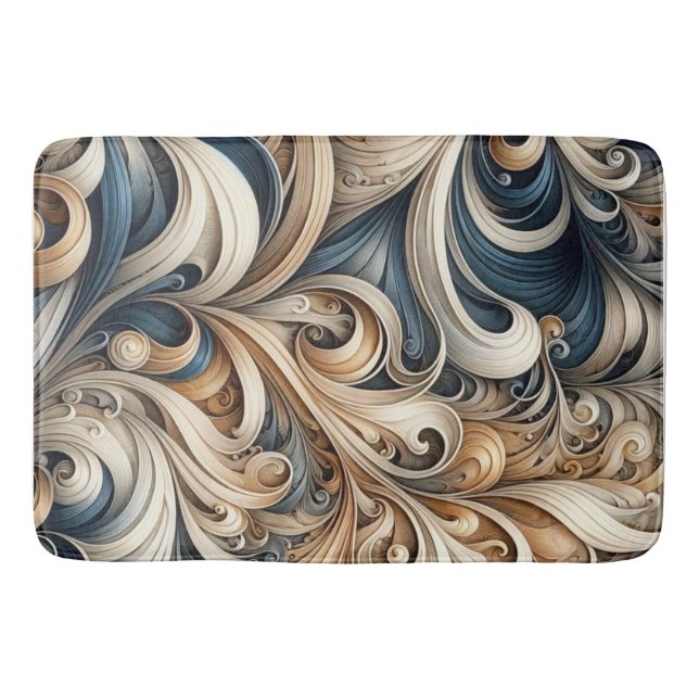 Elegant Blue Beige Baroque Swirl Pattern Badematte (Vorderseite)