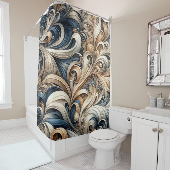 Elegant Blue Beige Baroque Swirl Pattern Duschvorhang (Beispiel)