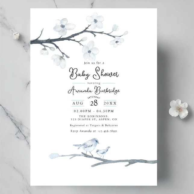 Elegant Blue Bird und Cherry Blossom Babydusche Einladung (Elegant Blue Bird and Cherry Blossom Baby Shower Invitation)