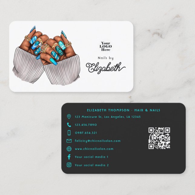 Elegant Blue Black Nail Salon Branding Design Visitenkarte (Vorne/Hinten)