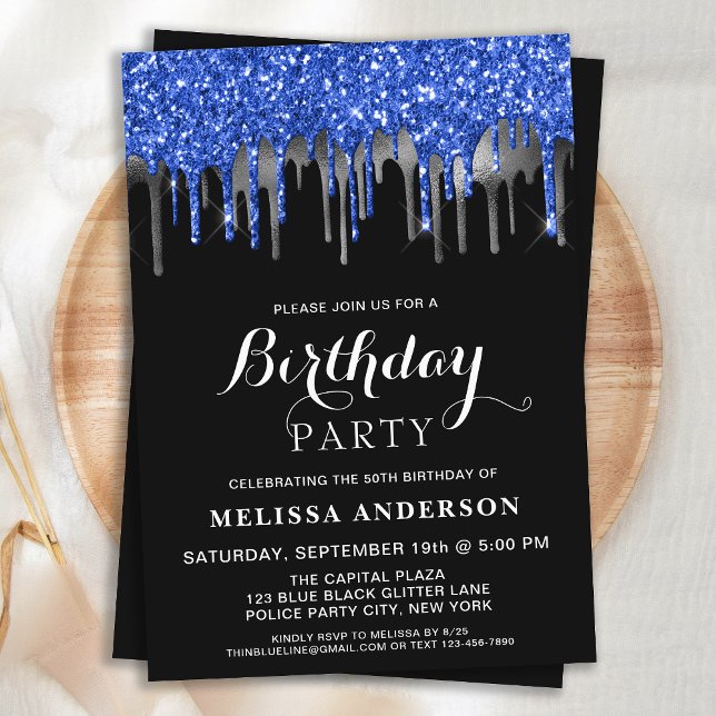 Elegant Blue Black Silver Glitter Drips Birthday Einladung (Von Creator hochgeladen)