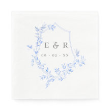 Elegant Blue Blätter Wappen Wedding Monogram