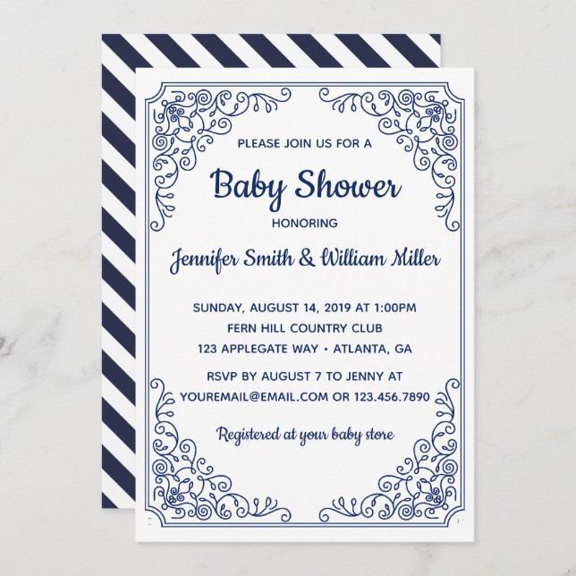 Elegant Blue blüh Swirl Frame Baby Shower Einladung (Vorne/Hinten)