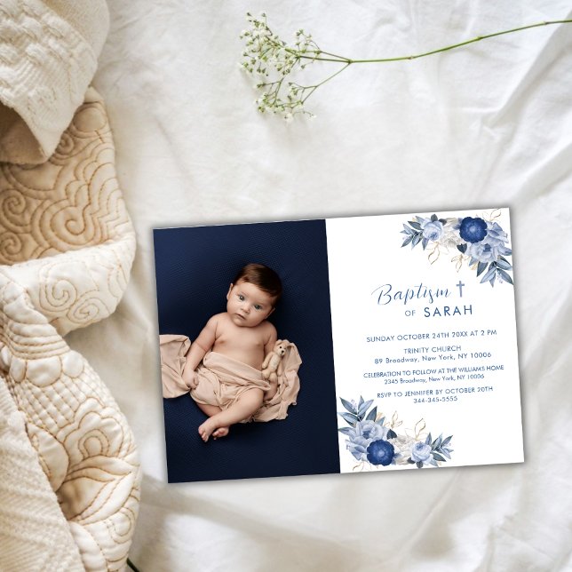Elegant Blue Blume Foto Cross Baptisse Einladung (Elegant Blue Flower Photo Cross Baptism Invitation)