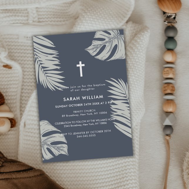 Elegant Blue Boho Blätter Cross Baptisse Einladung (Elegant Blue Boho Leave Gold Cross Baptism Invitation)