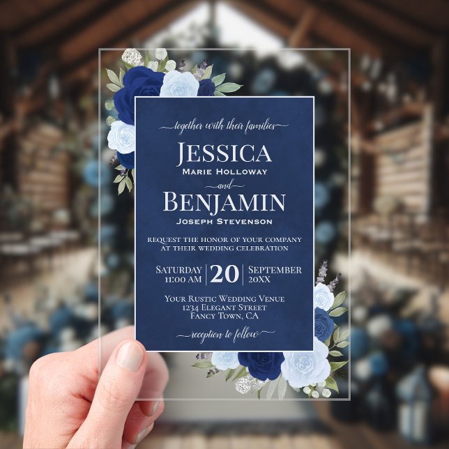 Elegant Blue Boho Chic Roses Stylish Text Wedding Acryleinladungen (Clear Acrylic with Rectangle Cut)