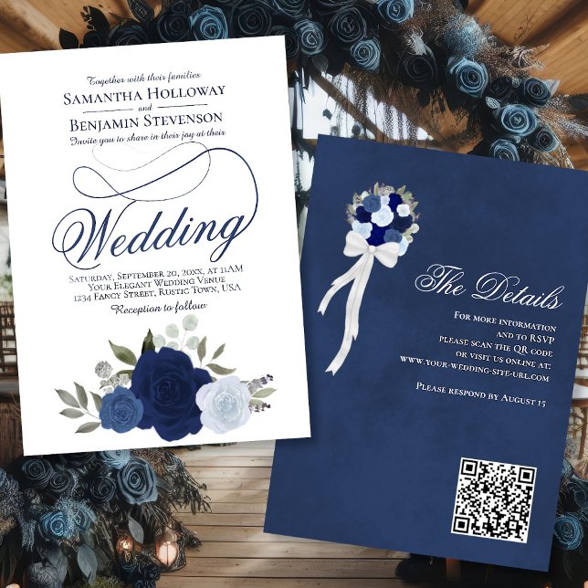 Elegant Blue Boho Rose Floral QR Code Wedding Einladung (Front/Back)