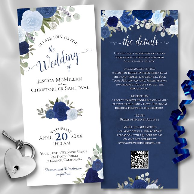 Elegant Blue Boho Rose QR Code Details Hochzeit Einladung (Front/Back)