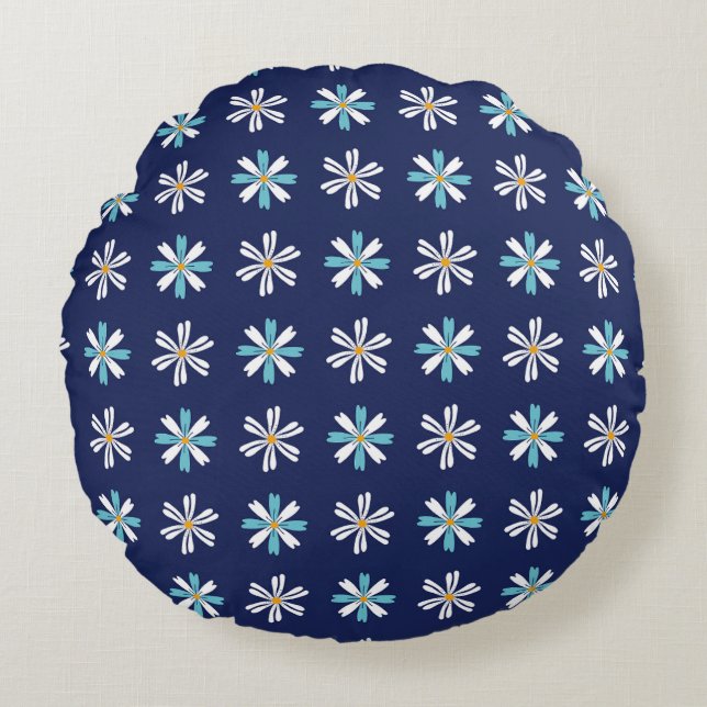 Elegant Blue Botanical Accent Motif Round Pillow Rundes Kissen (Vorderseite)