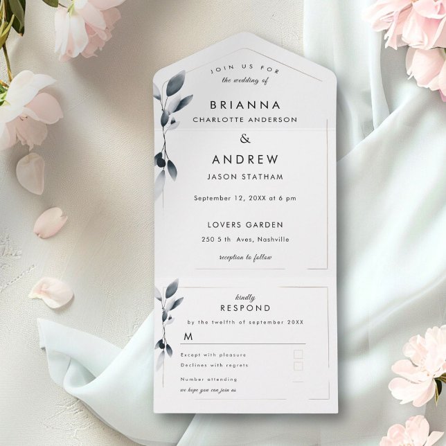 Elegant Blue Botanical All in One Wedite Einladung (Elegant Blue Botanical All in One Wedding Invite)