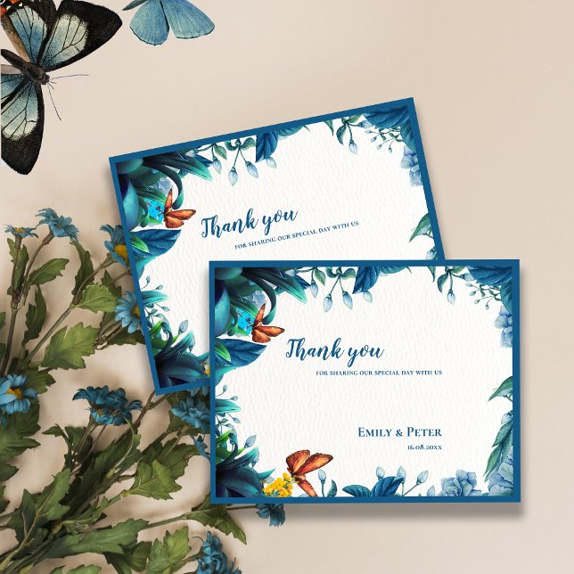 Elegant Blue Botanical Butterfly Wedding Thank You Postkarte (Elegant Blue Botanical Butterfly Wedding Thank You Postcard)