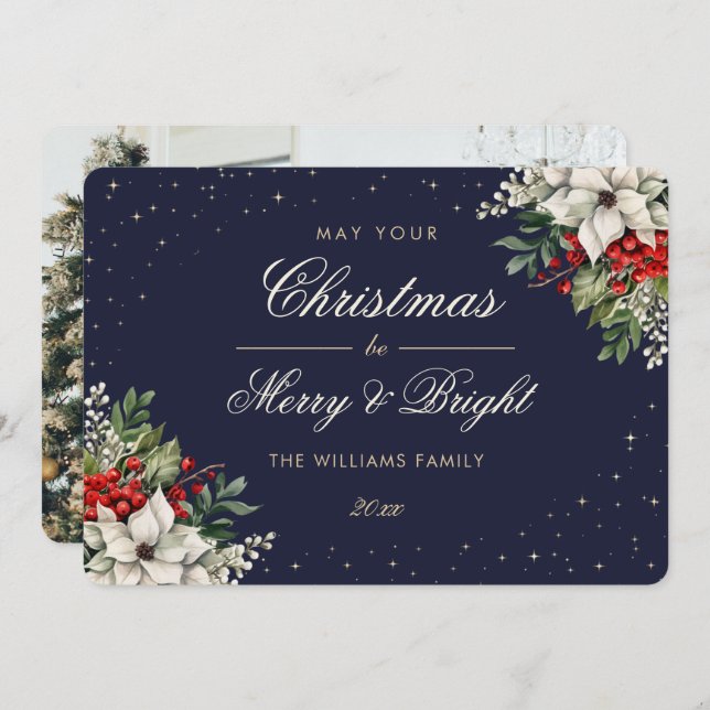 Elegant Blue Botanical Photo Christmas Feiertagskarte (Vorne/Hinten)