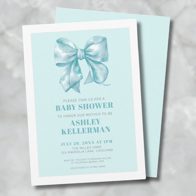 Elegant Blue Bow Baby Shower Einladung (Teal Blue Bow Baby Shower Invitation)