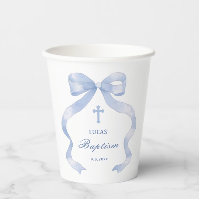 Elegant Blue Bow Baptisse Pappbecher (Vorderseite)