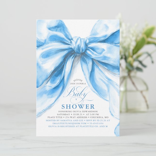Elegant Blue Bow Boy Baby Shower Einladung (Stehend Vorderseite)