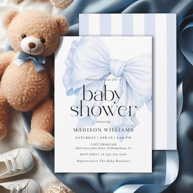 Elegant Blue Bow Boy Baby Shower Einladung (Available in both printed and instant download digital formats.)