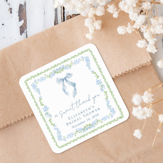 Elegant Blue Bow Bridal Shower Thank You Quadratischer Aufkleber (Elegant Blue Bow Bridal Shower Thank You Square Sticker)