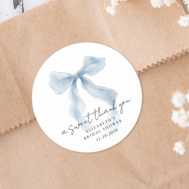 Elegant Blue Bow Bridal Shower Thank You Runder Aufkleber (Elegant Blue Bow Bridal Shower Thank You Classic Round Sticker)