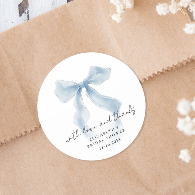 Elegant Blue Bow Bridal Shower Thank You Runder Aufkleber (Elegant Blue Bow Bridal Shower Thank You Classic Round Sticker)