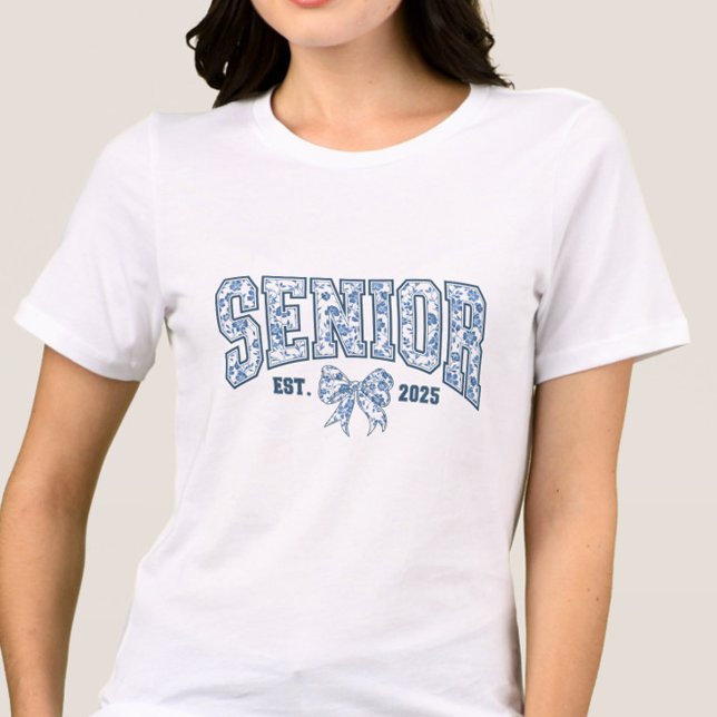 Elegant Blue Bow Chinoiserie Senior Class of 2025 Tri-Blend Shirt (Elegant Blue Chinoiserie Senior Year Class of 2025 Shirt, Coquette Bow, Trendy, High School College)