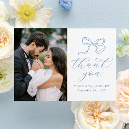 Elegant Blue Bow Foto Wedding Dankeskarte