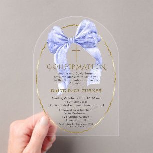Elegant Blue Bow Gold Boy Bestätigung Transparent Acryleinladungen