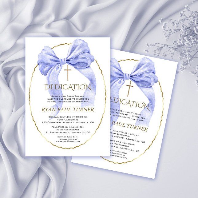 Elegant Blue Bow Gold Boy Dedication Einladung (Von Creator hochgeladen)
