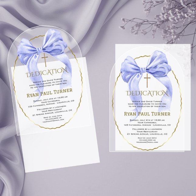 Elegant Blue Bow Gold Boy Dedication Transparent Acryleinladungen (Von Creator hochgeladen)