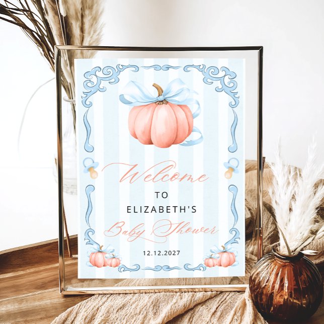 Elegant Blue Bow Niedlich Pumpkin Baby Shower Poster (Von Creator hochgeladen)