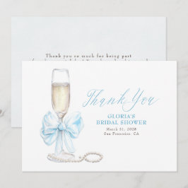 Elegant Blue Bow Prosecco Bridal Shower Thank You Dankeskarte