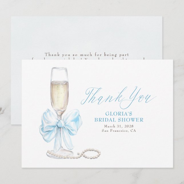 Elegant Blue Bow Prosecco Bridal Shower Thank You Dankeskarte (Vorne/Hinten)