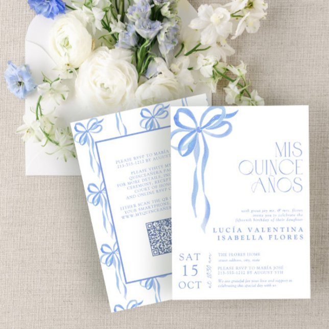 Elegant Blue Bow QR Mis Quince Años Quinceañera Einladung (Von Creator hochgeladen)