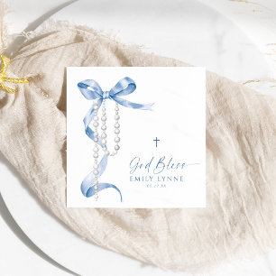 Elegant Blue Bow & Rosary Baptisse Serviette
