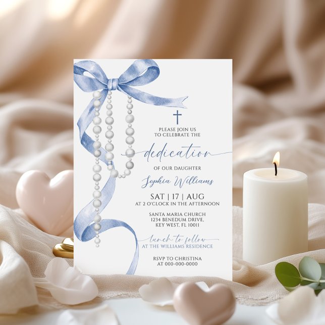 Elegant Blue Bow & Rosary Dedication Einladung (Von Creator hochgeladen)