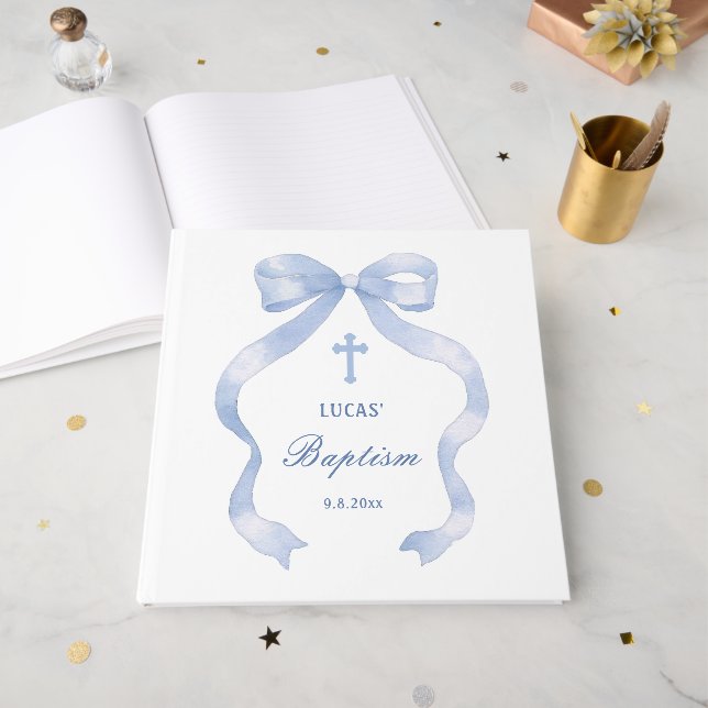 Elegant Blue Bow Taufen Gästebuch (Vorderseite offen)