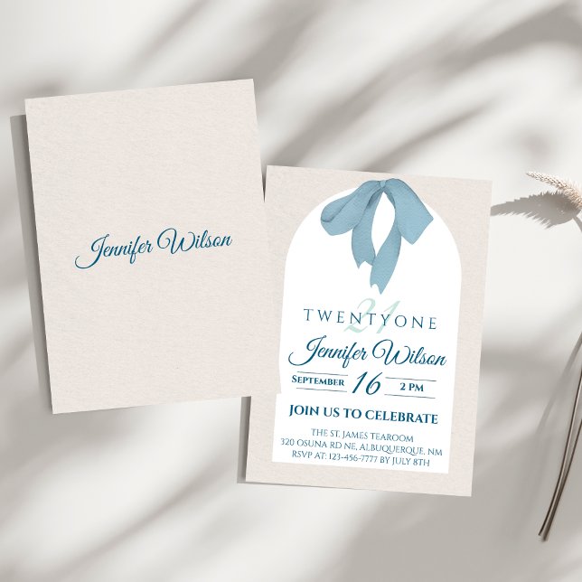 Elegant Blue Bow Twenty-One Birthday Einladung (Von Creator hochgeladen)