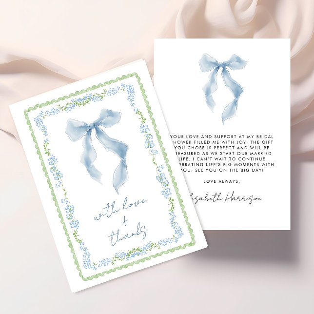 Elegant Blue Bow Watercolor Bridal Shower Dankeskarte (Elegant Blue Bow Watercolor Bridal Shower Thank You Card)