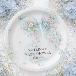 Elegant Blue Bow Wildflower Baby Shower Pappteller