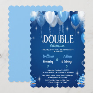 Elegant Blue Boys Double Birthday anpassbar Einladung