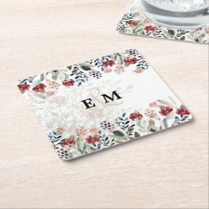 Elegant Blue Burgundy Floral Wedding MIT MONOGRAMM Rechteckiger Pappuntersetzer
