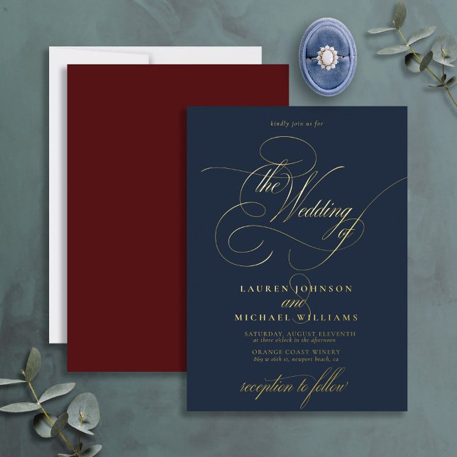 Elegant Blue Burgundy Gold Calligraphy Wedding Folieneinladung (Von Creator hochgeladen)