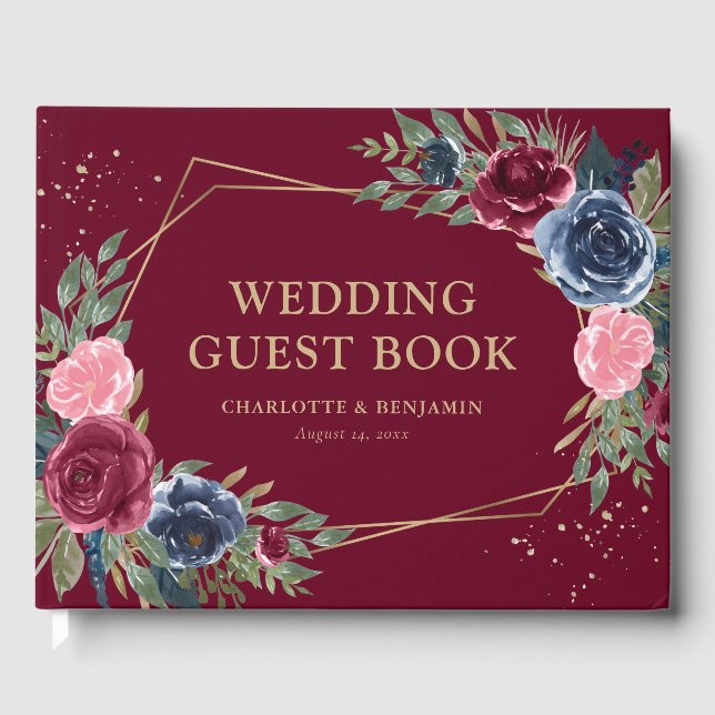 Elegant Blue Burgundy Gold Geometric Wedding Gästebuch (Vorderseite)