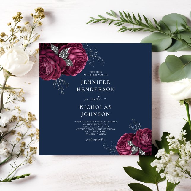 Elegant Blue Burgundy Red Floral Peonies Einladung (Elegant Navy Blue Burgundy Red Floral Peonies Invitation)
